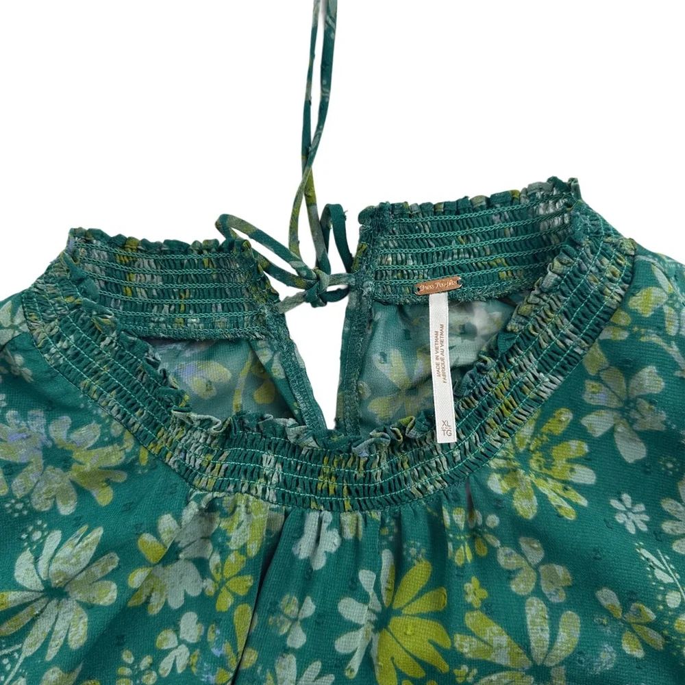 Free People Clarissa Floral Smocked Blouse Green Long Puff Sleeve Size XL